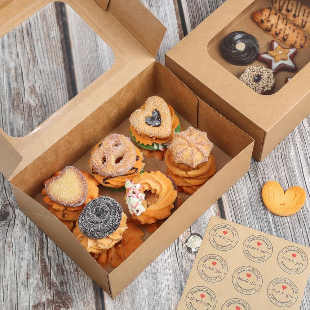 YEKTFS 24 Pcs Cookie Boxes with Window for Paper Gift Giving Brown Bakery Gift Boxes 9 x 6.3 x 3 Inch, Easy Estate Holiday Packaging for Cookie, Cupcaked, Donuts & Pastries