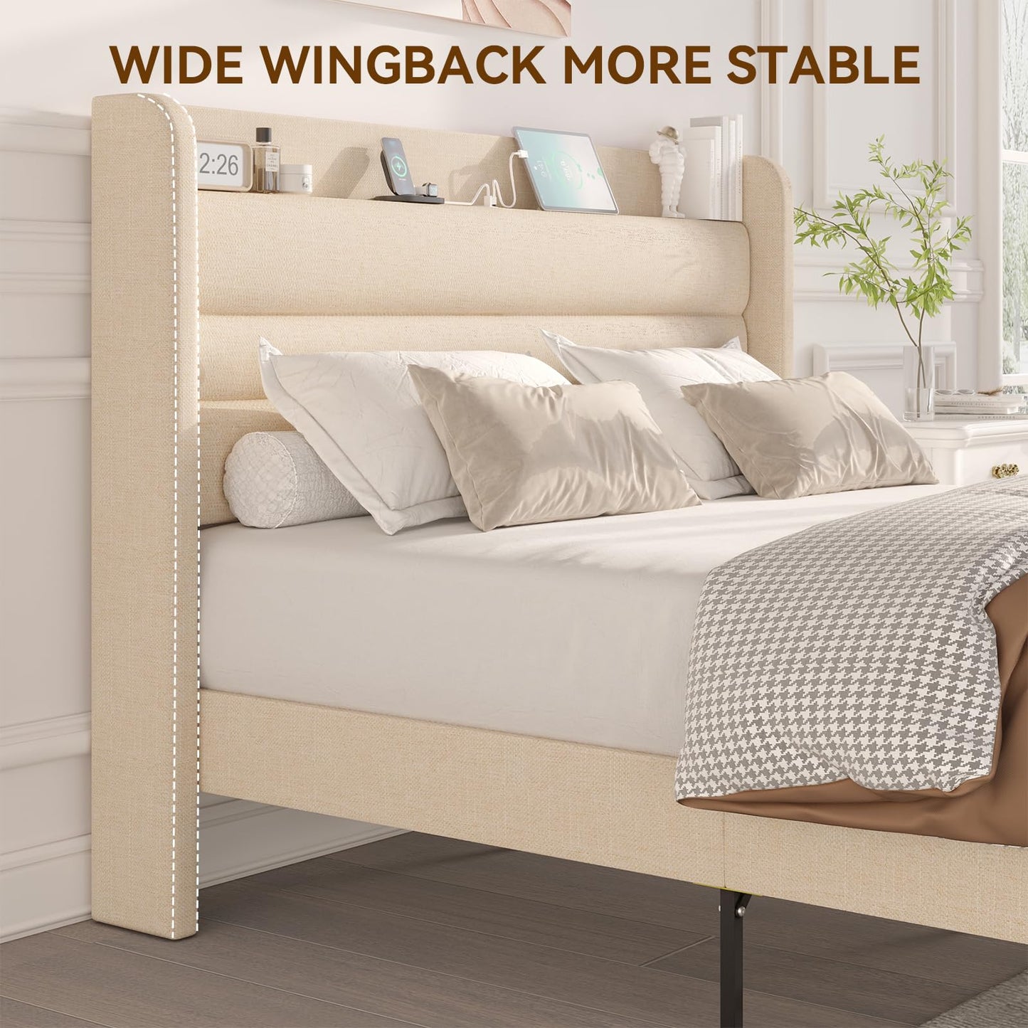 Flolinda Queen Bed Frame with Type-C & USB Ports Upholstered Platform Bed Frame with Wingback Shelf Beige