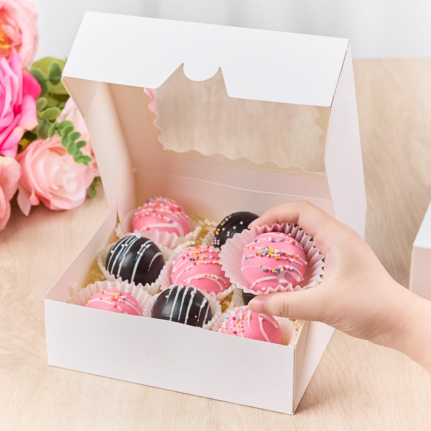 Kucoele 20 PCS Pie Boxes, 8 x 8 x 2.5 Inches Bakery Boxes with Window, Auto-Popup Cookie Boxes White Treat Boxes for Chocolate Strawberries, Pastries, Muffins, Donuts