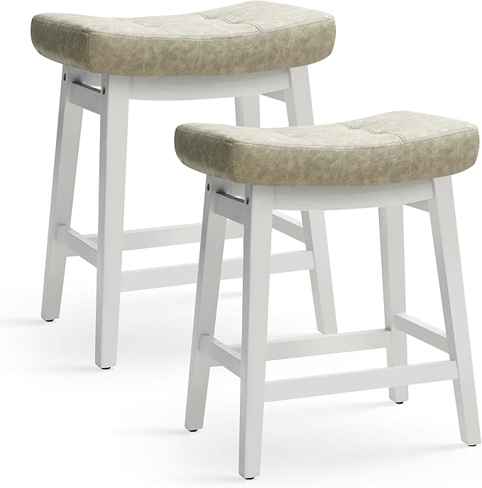 RNKSFX Counter Height Bar Stools Set of 2 for Kitchen Counter Farmhouse Modern Barstools with Faux Leather Upholstered Backless Seat and Solid Wood Legs 24 inch Bar Chairs, Light Grey + White