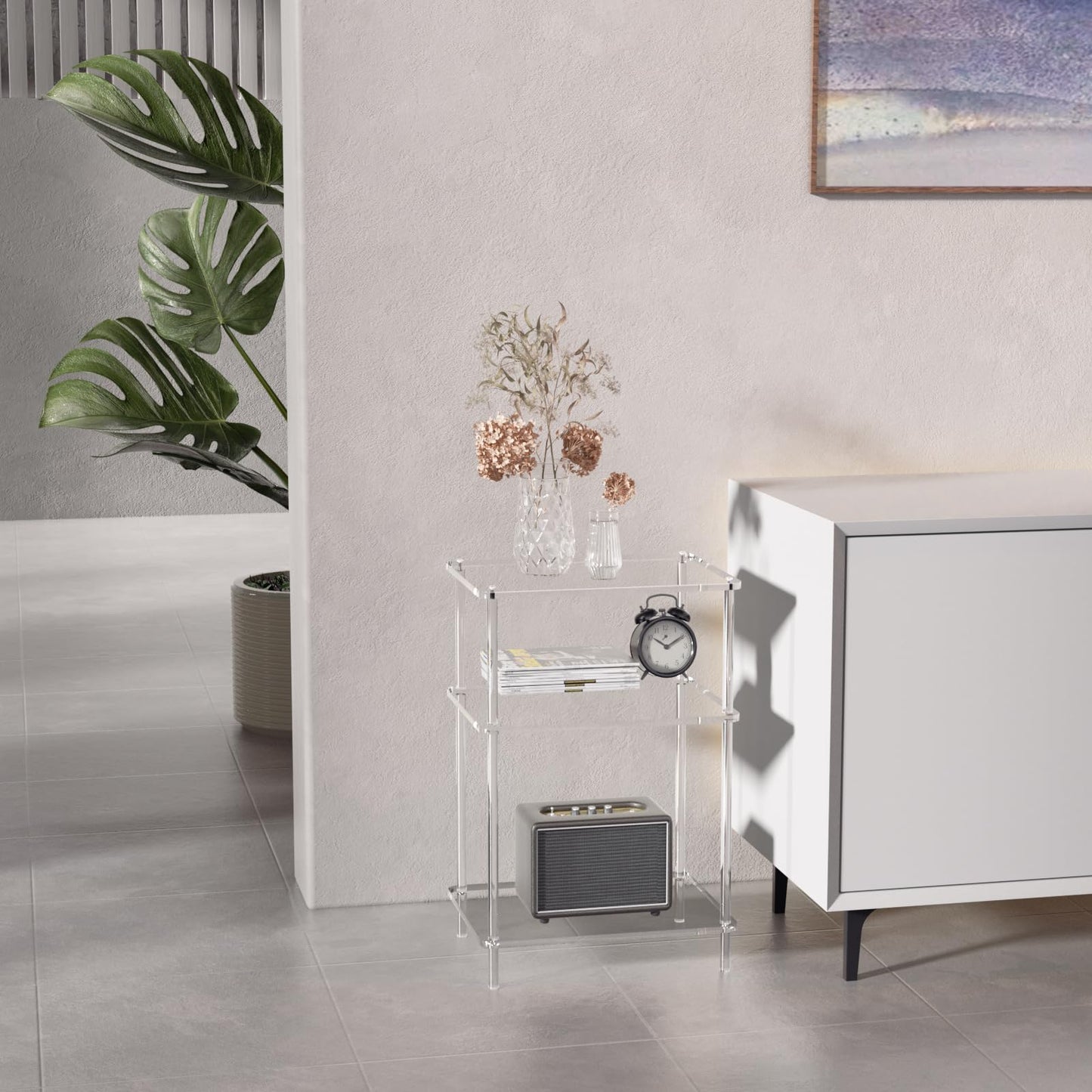 Giznzg Acrylic Side Tables with 3 Shelve,Bedside Table Clear Nightstand for Bedroom Modern End Table for Living Room, Sofa Table, Side Table 15.7" L x11.8 Wx 23.6" H