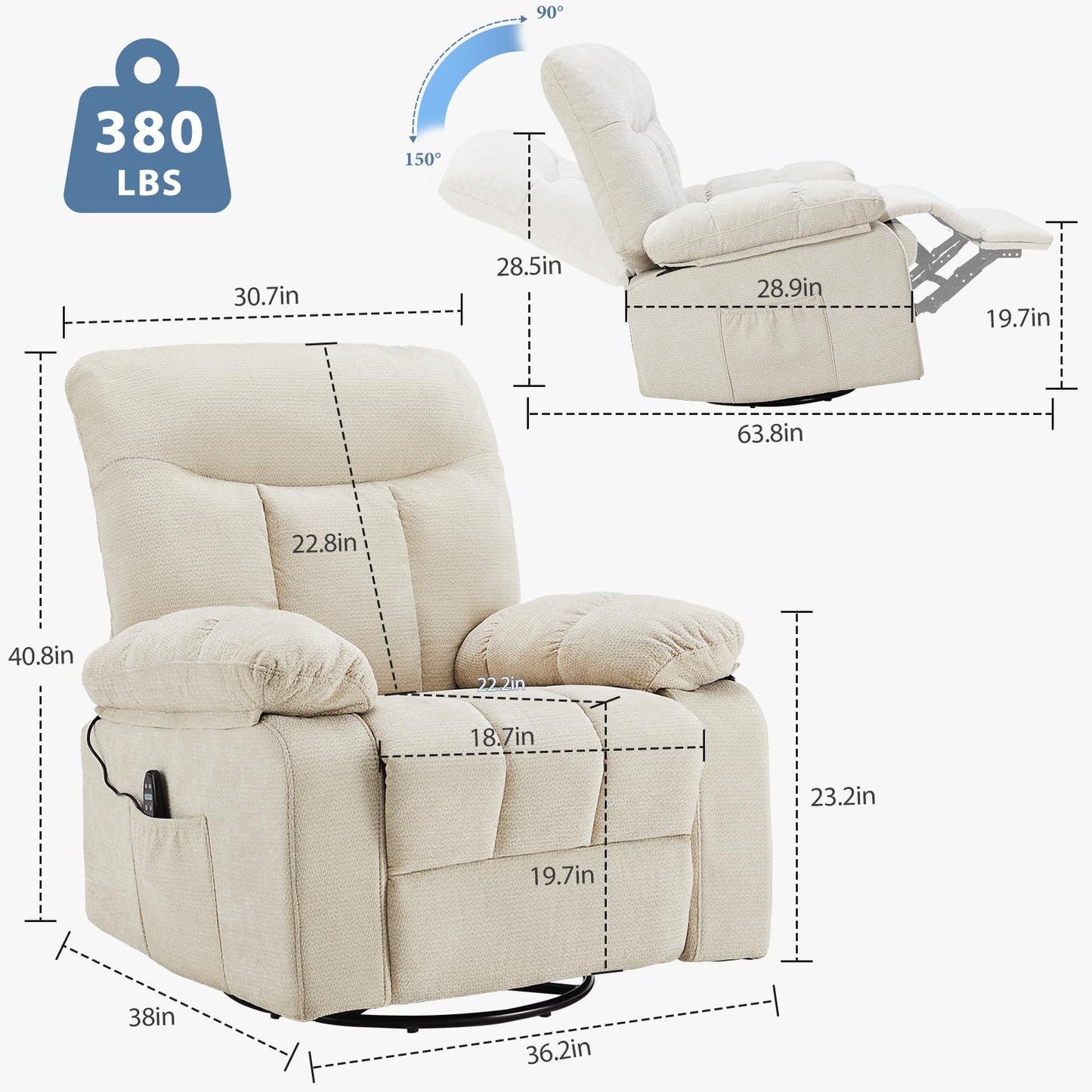 DUMOS Rocker Recliner Chair, Swivel Recliner with Vibration Massage & Lumbar Heating, 270° Rotating Chenille Fabric Recliner with footrest for Living Room & Bedroom, Beige
