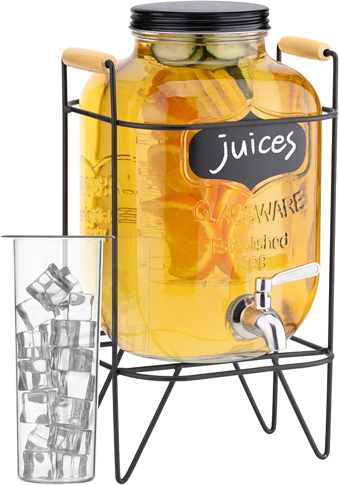 Navaris Glass Jar Drink Dispenser with Tap - Includes Metal Stand, Ice Tube, and Fruit Infuser - For Cocktail, Lemonade, W...