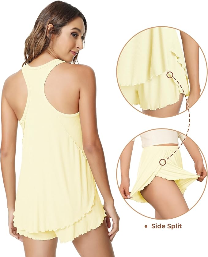 NACHILA Pajamas for Women-Viscose from Bamboo, Ribbed Racerback Tank Top Sexy Split Shorts Pajama Sets Cooling Sleep Cami Pjs