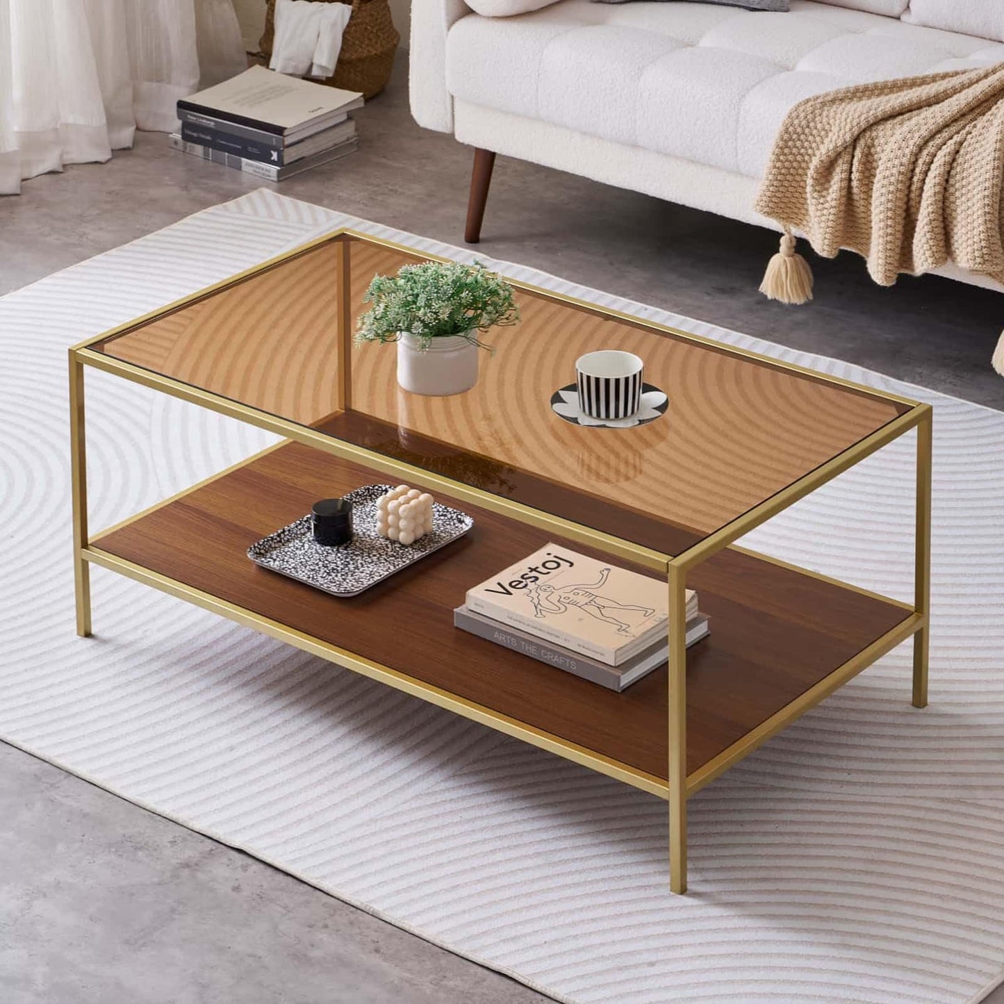 LumFurn Glass Coffee Table for Living Room and Bedroom, 2-Tier Mid-Century Modern Table with Amber Tempered Glass Top and Walnut Finish Wood Shelf, Metal Legs with Gold Finish