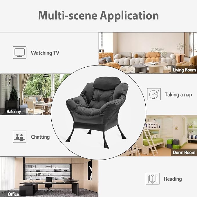 Youtanic Lazy Chair Thick Padded, Comfy Velvet Accent Lounge Chair with Stable Frame, Leisure Sofa Armchair with Armrests and Side Pocket, Reading Chair for Bedroom, Living Room, Office, Charcoal