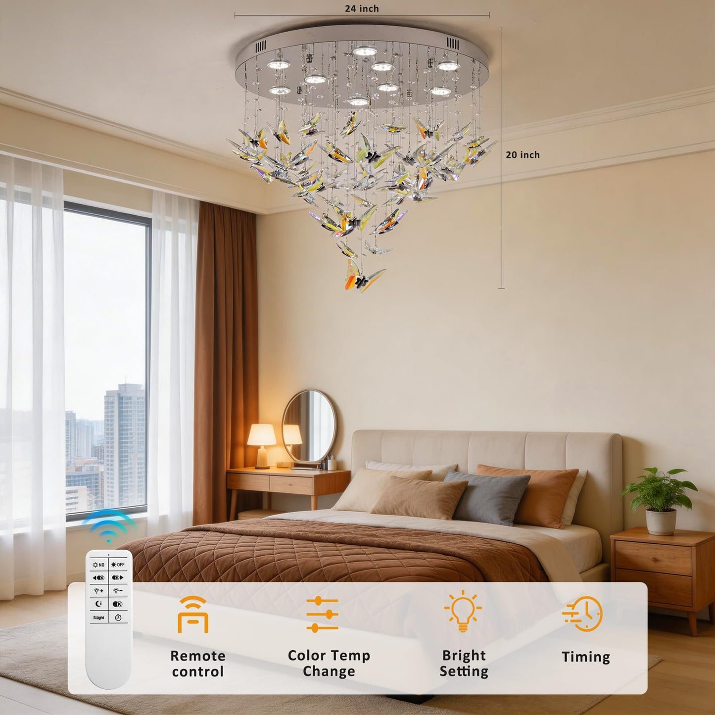 Modern Crystal Chandelier, 24 inch Flush Mount Crystal Ceiling Light with Remote and APP Control, 3CCT Dimmable, Elegant Butterfly LED Chandeliers for Bedroom Dining Room Living Room Foyer Entryway
