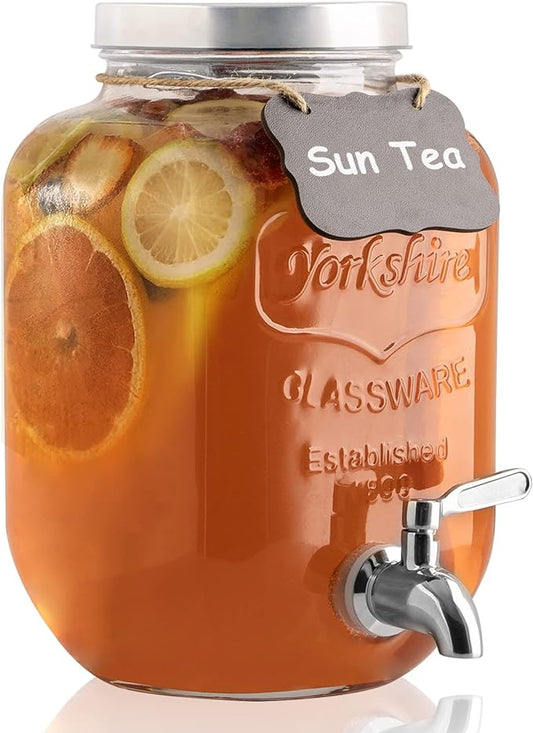 1 Gallon Drink Dispenser with Spigot 18/8 Stainless Steel – Airtight & Leakproof Glass Sun Tea Jar with Anti-Rust Lids, Be...