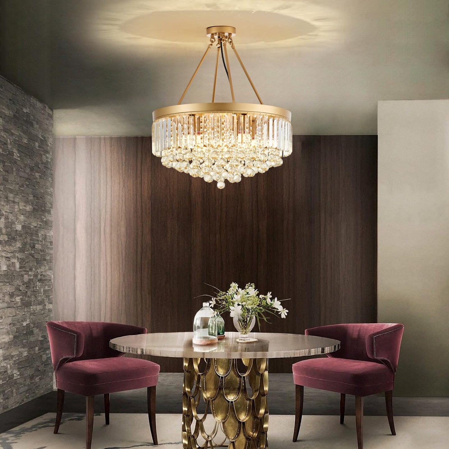 brfaixla 9-Light Gold Crystal Chandelier Contemporary 22'' Modern Semi Flush Mount Crystal Hanging Light Sparkling Decoration for Bedroom Entryway Living Dining Room Kitchen Island Hallway