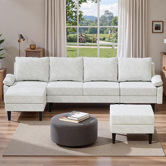 Topcomfy U-Shaped Sectional Couches for Living Room, Convertible 4 Seat Modular Sectional Sofa Set with Ottoman, Modern L Shaped Couch with Chaise for Bedroom Apartment and Office, Chenille White
