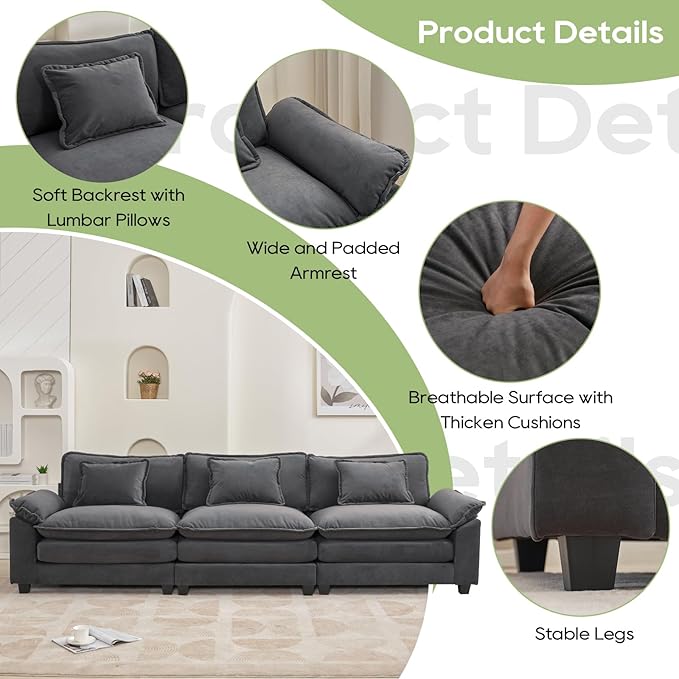 Oprisen 120" Modular Sectional Sofa, Comfy Cloud Couch Sectional Sofa, Velvet Sofa Sleeper Deep Seat Sofa with Throw Pillows for Living Room (Blue Gray, 120"- 3 Seater)