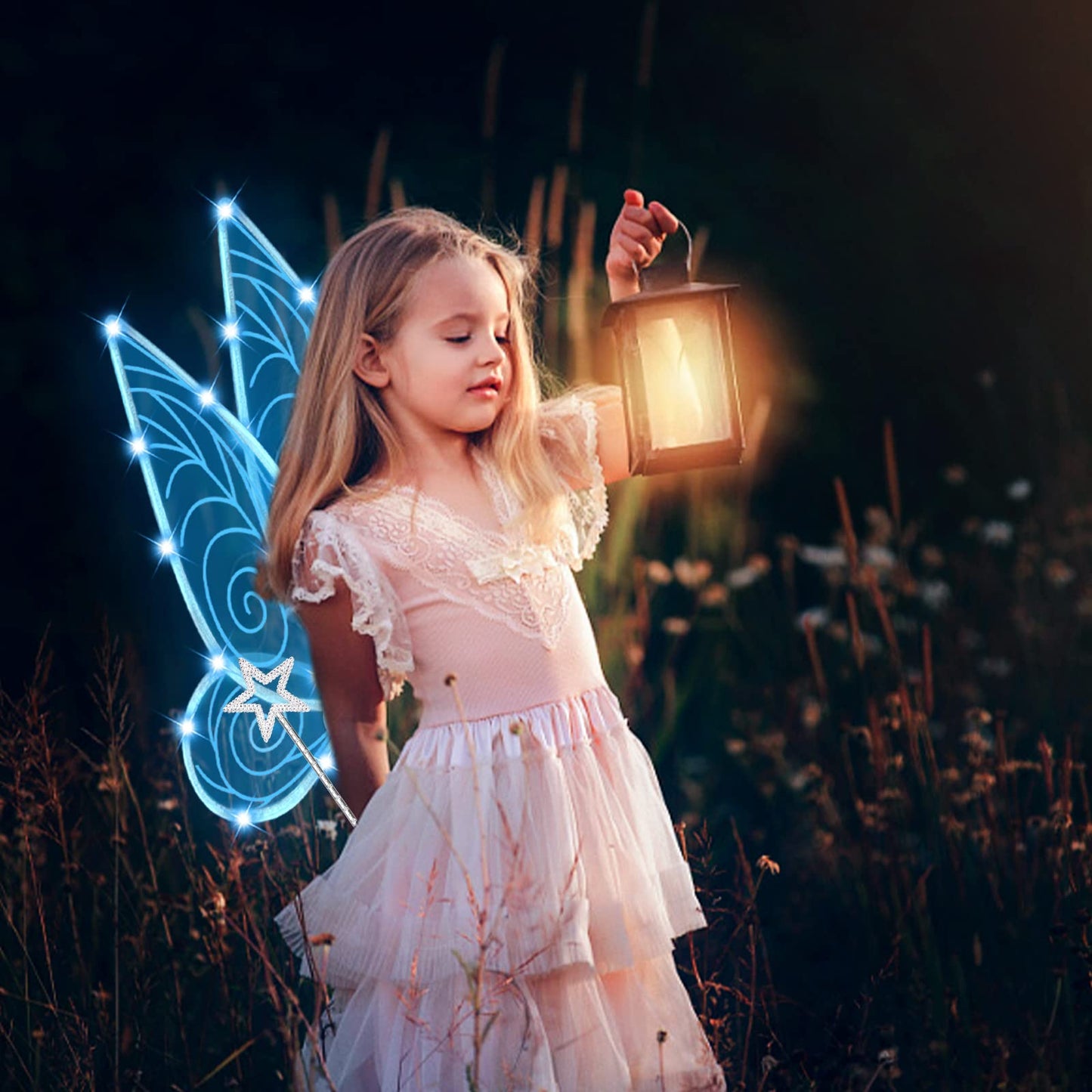 U-Goforst Light Up Fairy Wings for Adults- Butterfly Wings for Girls Women, Halloween Costume Cosplay Dress Up, Sparkly LED Wings with Wand, Blue with Blue Light