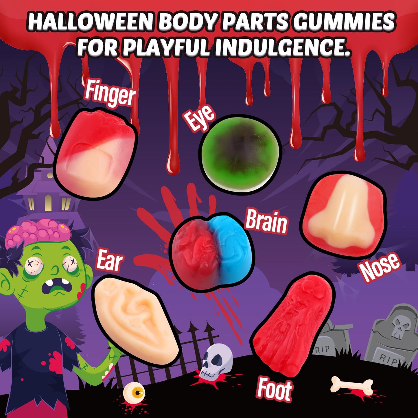 Amos Halloween Gummy Body Parts, Spooky Candy for Trick-or-Treat, Halloween Snacks, and Edible Decorations – Approx. 36 Individually Wrapped Pieces, 9oz Bag