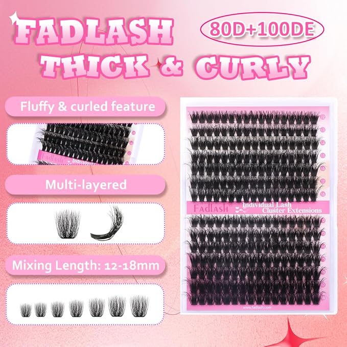 FADLASH Lash Extension Kit 80D+100D 280Pcs Lash Clusters D Curl DIY Eyelash Extension Kit with Lash Bond and Seal Lash Applicator 3D Effect Lash Cluster Kit fluffy (80D+100D Kit, Mix 12-18mm)