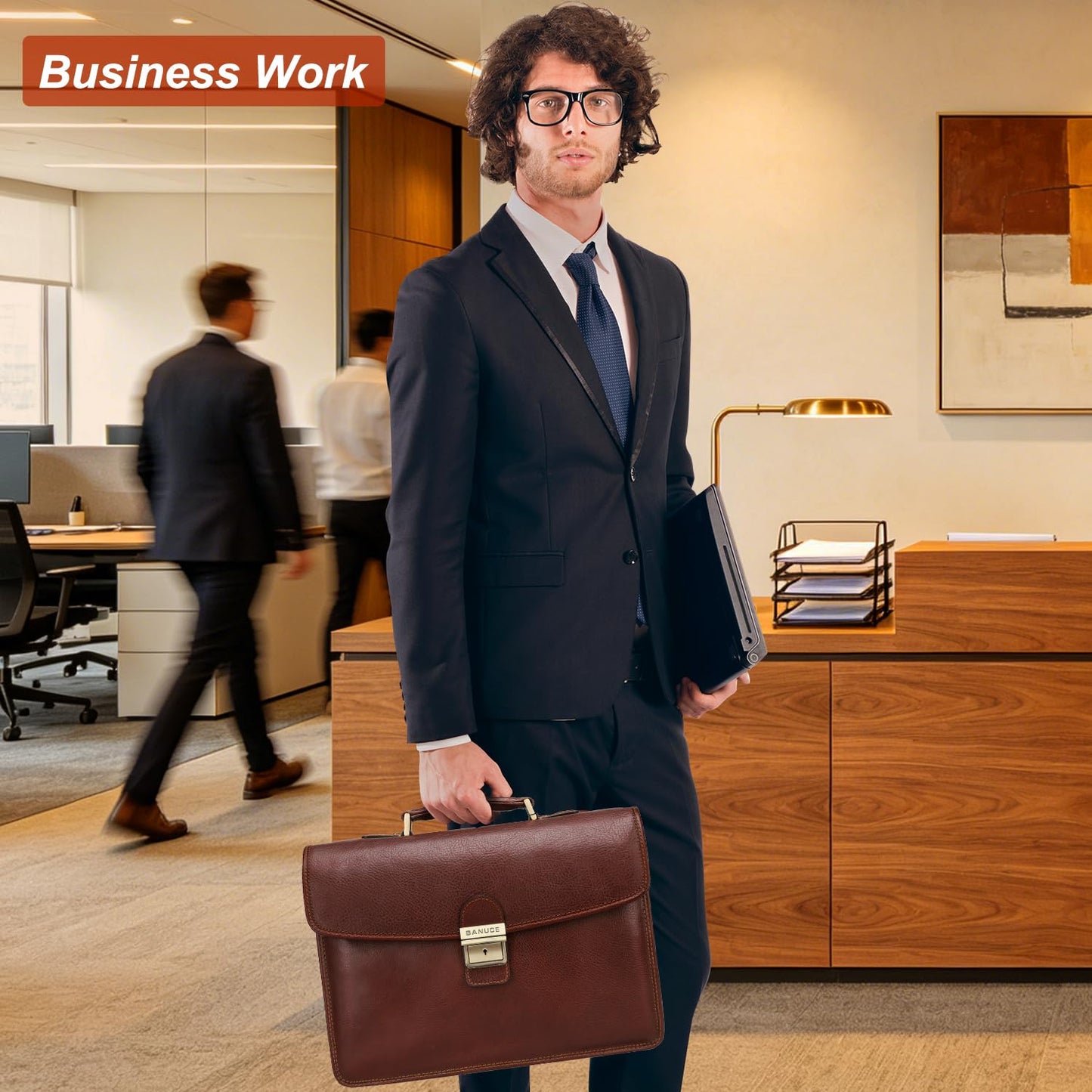 Banuce Italian Full Grain Leather Briefcase for Men, Brown