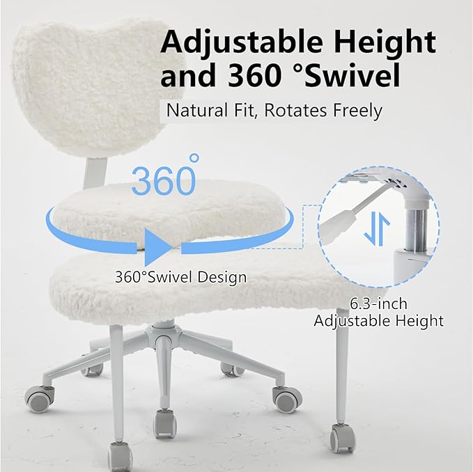 Cross Legged Office Chair with Wheels–360°Swivel Meditation Chair, Adjustable Height Yoga Office Chair for Adults, Ergonomic Kneeling Chair with Back Support for ADHD, Faux Fur, Cream