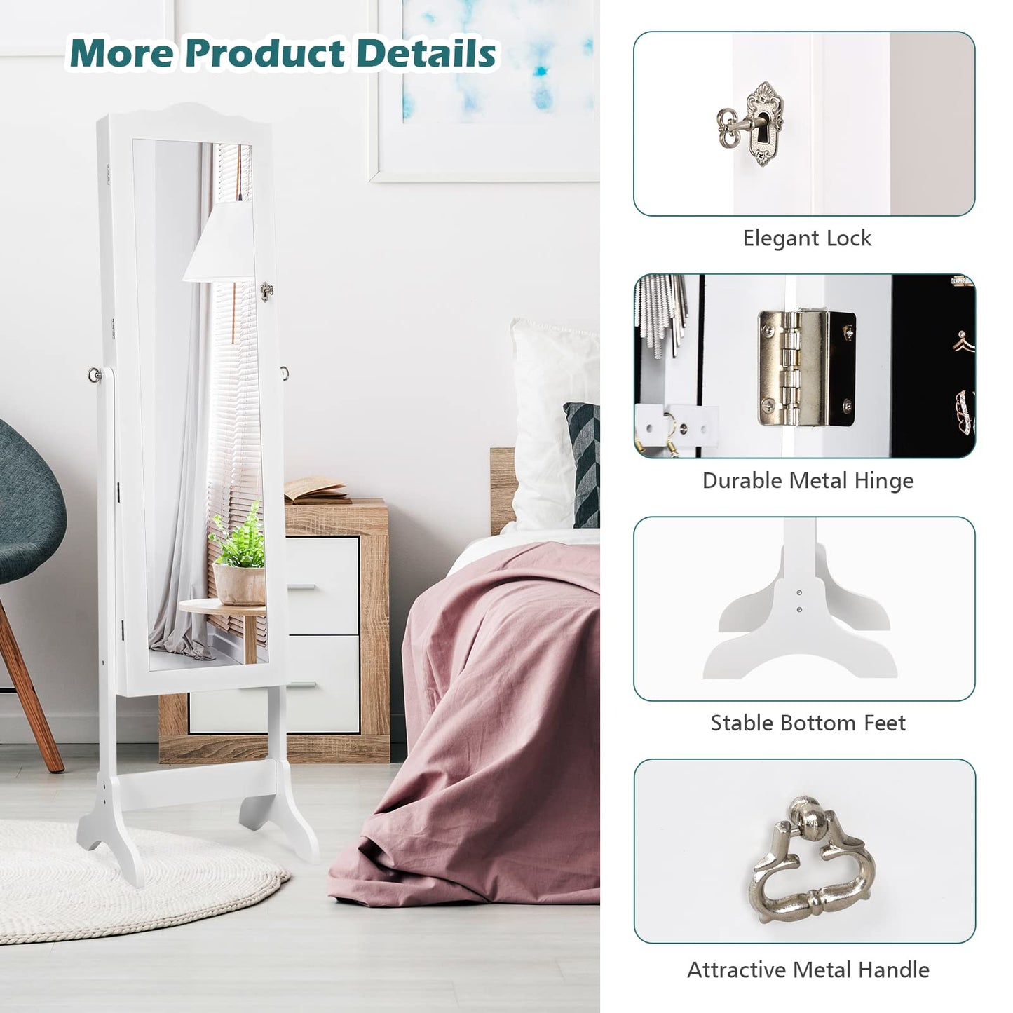 NAFORT Jewelry Armoire, Mirror with Jewelry Storage, 14 LED Lights Jewelry Organizer, Standing Lockable Jewelry Cabinet with Full Length Mirror, Jewelry Organizer with 2 Drawers, White