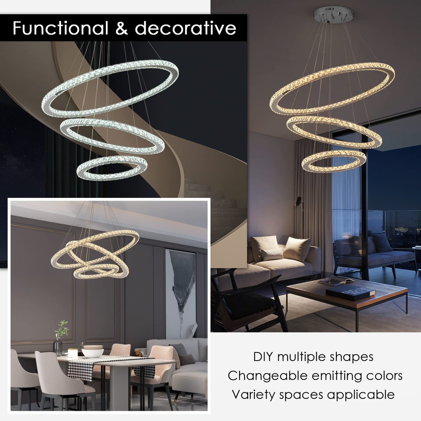 Siljoy LED Chandelier, Modern Ceiling Light Fixture with 3 Crystal Chandelier Lighting Rings, DIY & 3-Color Changing 3 Rings Adjustable Chandeliers for Living Room Dining Room Kitchen, D 12"-20"-28"