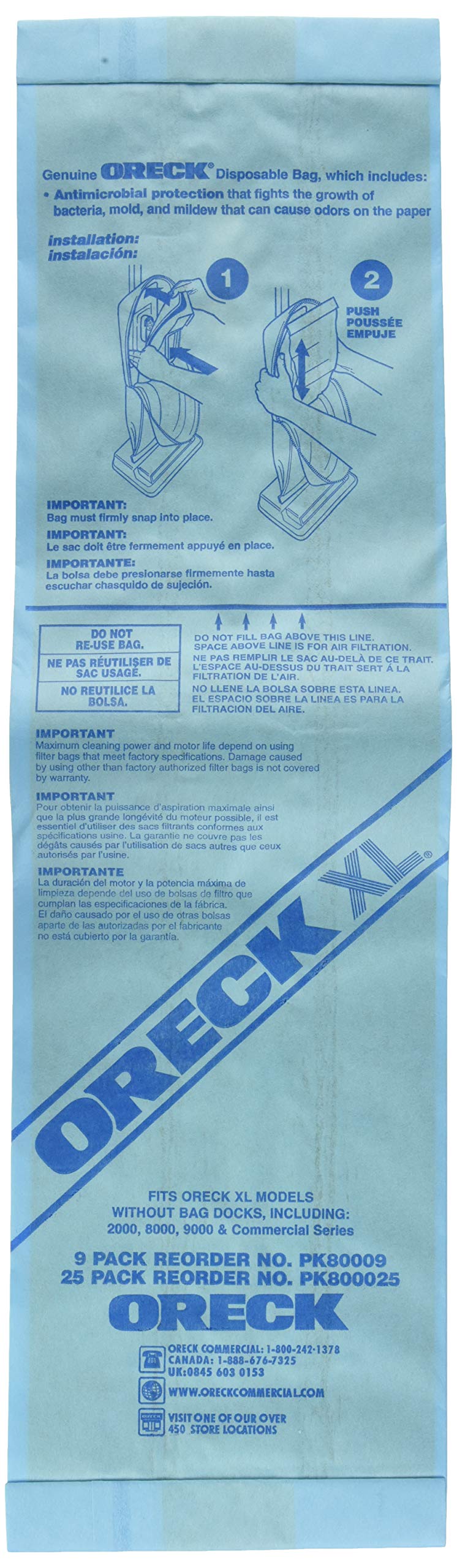 Oreck Commercial PK80009 Disposable Vacuum Bags XL Standard Filtration 9/Pack (FITS ORECK XL MODELS Without Bag DOCKS, INCLUDING 2000, 8000, 9000, and Commercial Series)