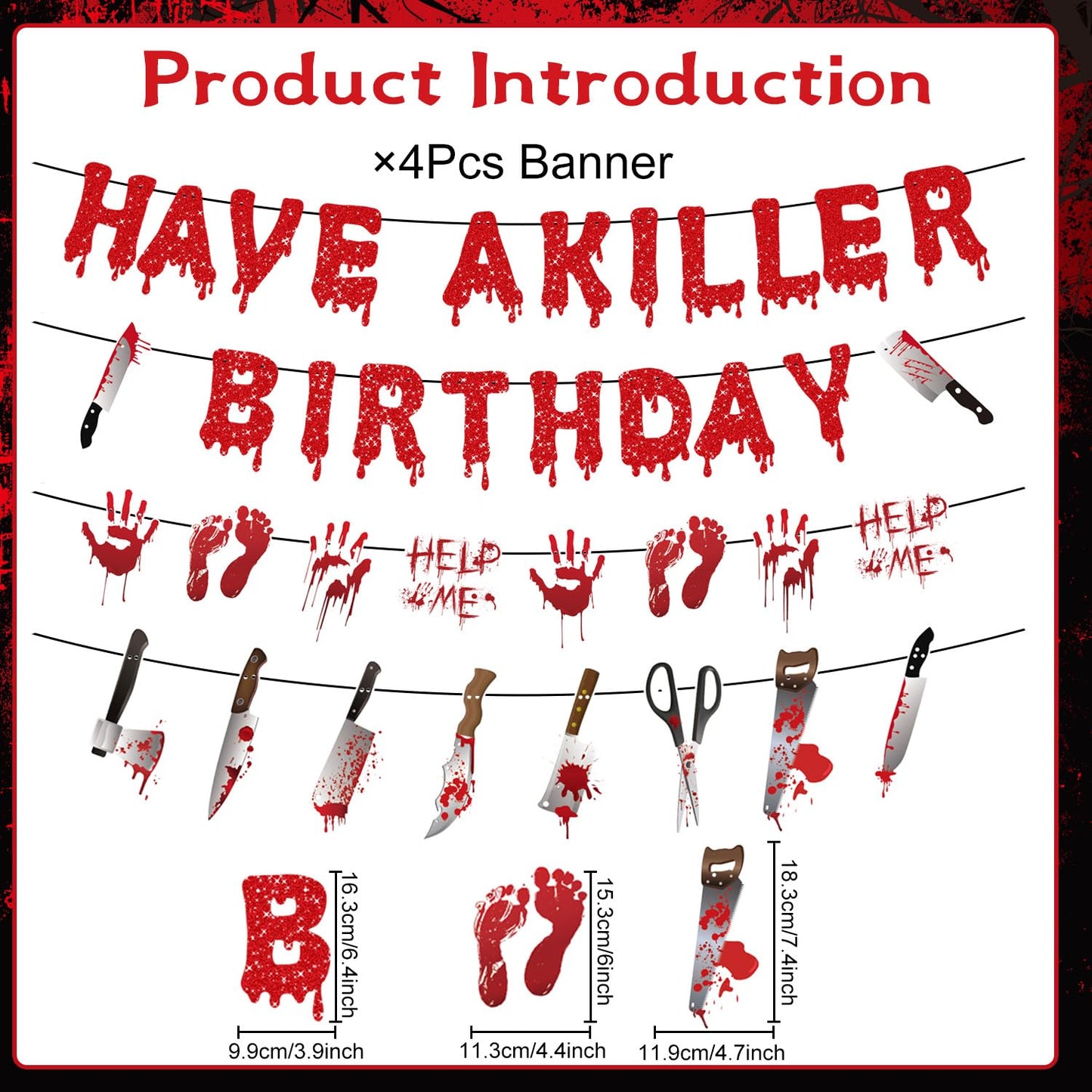 Gameza Halloween Birthday Party Decorations, 4PCS No-DIY Have a Killer Horror Birthday Banners Bloody Murder Supplies, Mystery Spooky Party Fake Knife Banners Decor