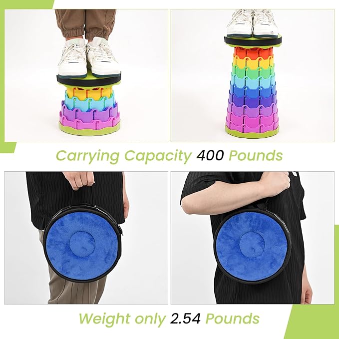 FXKS 2 Pack Upgraded Collapsible Stool Folding Stool with Cushion,Retractable Folding Stool Max Load Capacity 400lbs, Portable Telescoping Stools for Camping Hiking Outdoor BBQ -Rainbow-Green
