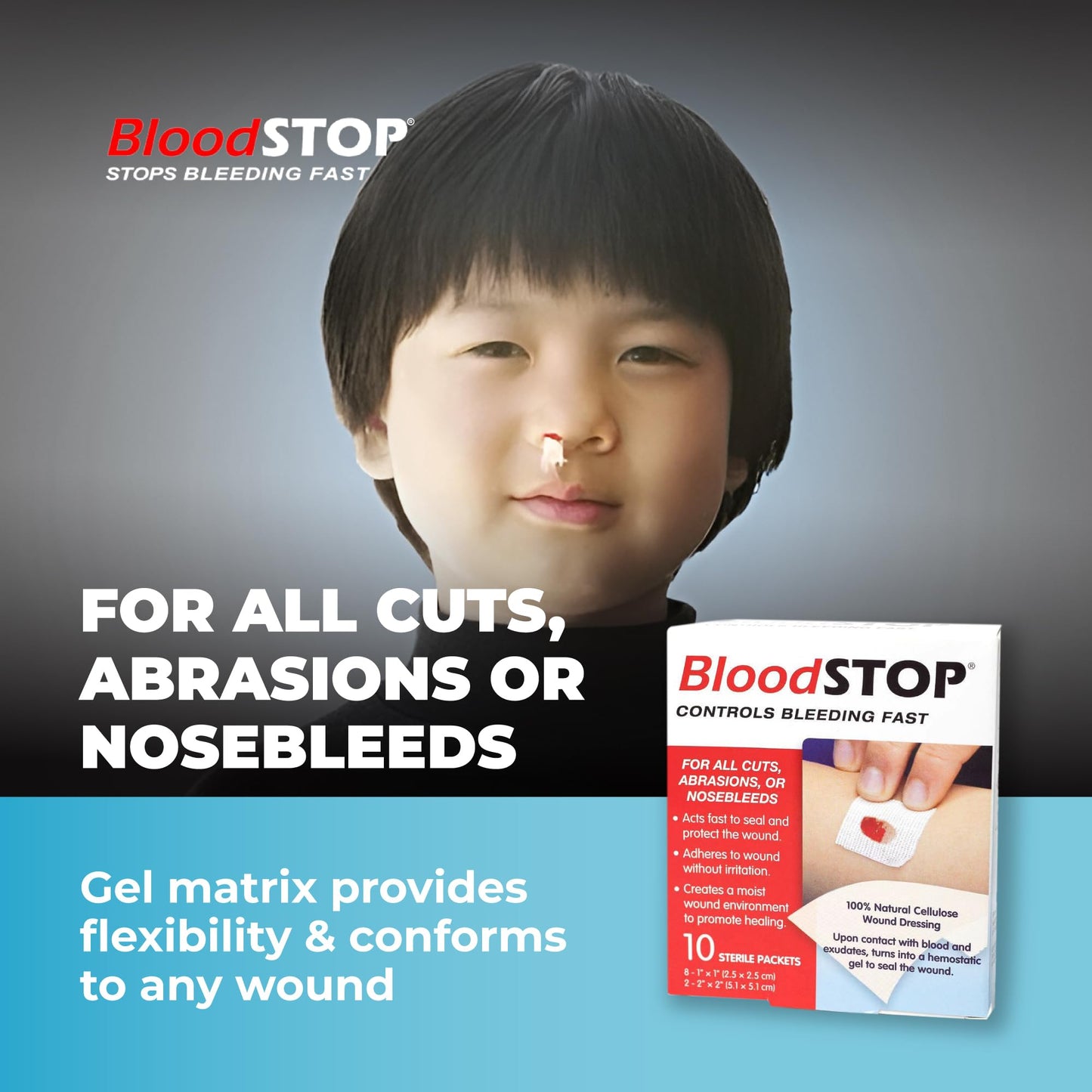 BloodSTOP-Hemostatic Dressing: Controls Bleeding Fast, Natural, Plant-Based Wound Dressing, Cuts, Road Rash, Abrasions, Nosebleeds, Bleeding Control Kit, Stop The Bleed Kit - Safe for All Ages, 10 Ct