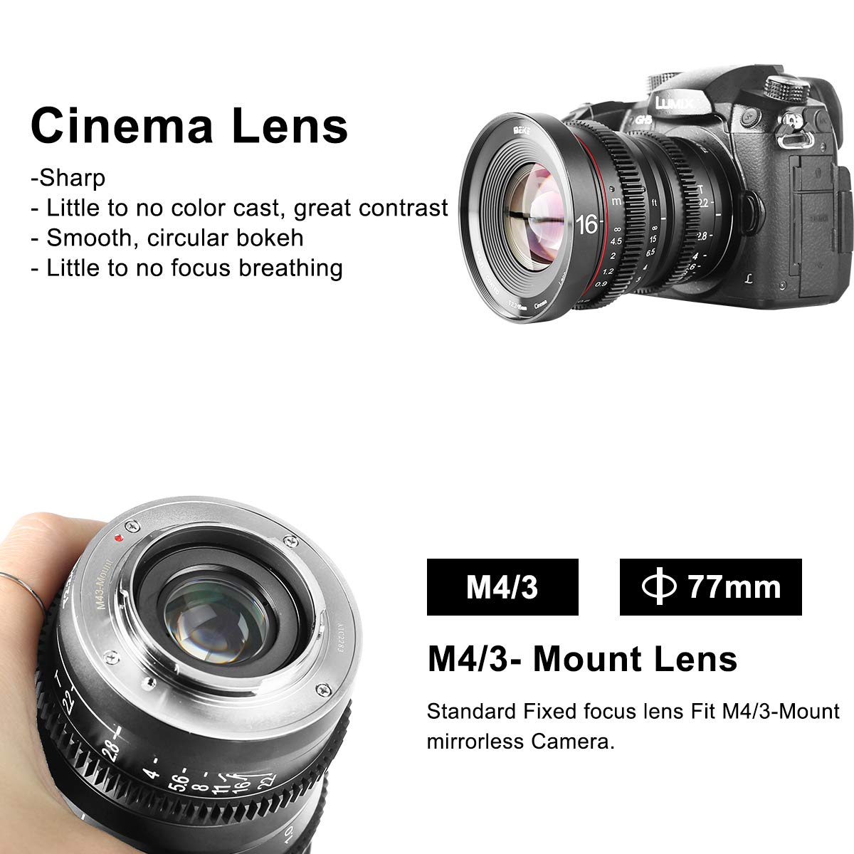 Meike16mm T2.2 Large Aperture Manual Focus Prime Low Distortion 4K Mini Cine Lens for Micro Four Thirds M43 MFT Mount Compatible with Olympus/Panasonic Lumix Cameras and BMPCC 4K Zcam E2 GH5 GH6 GH7
