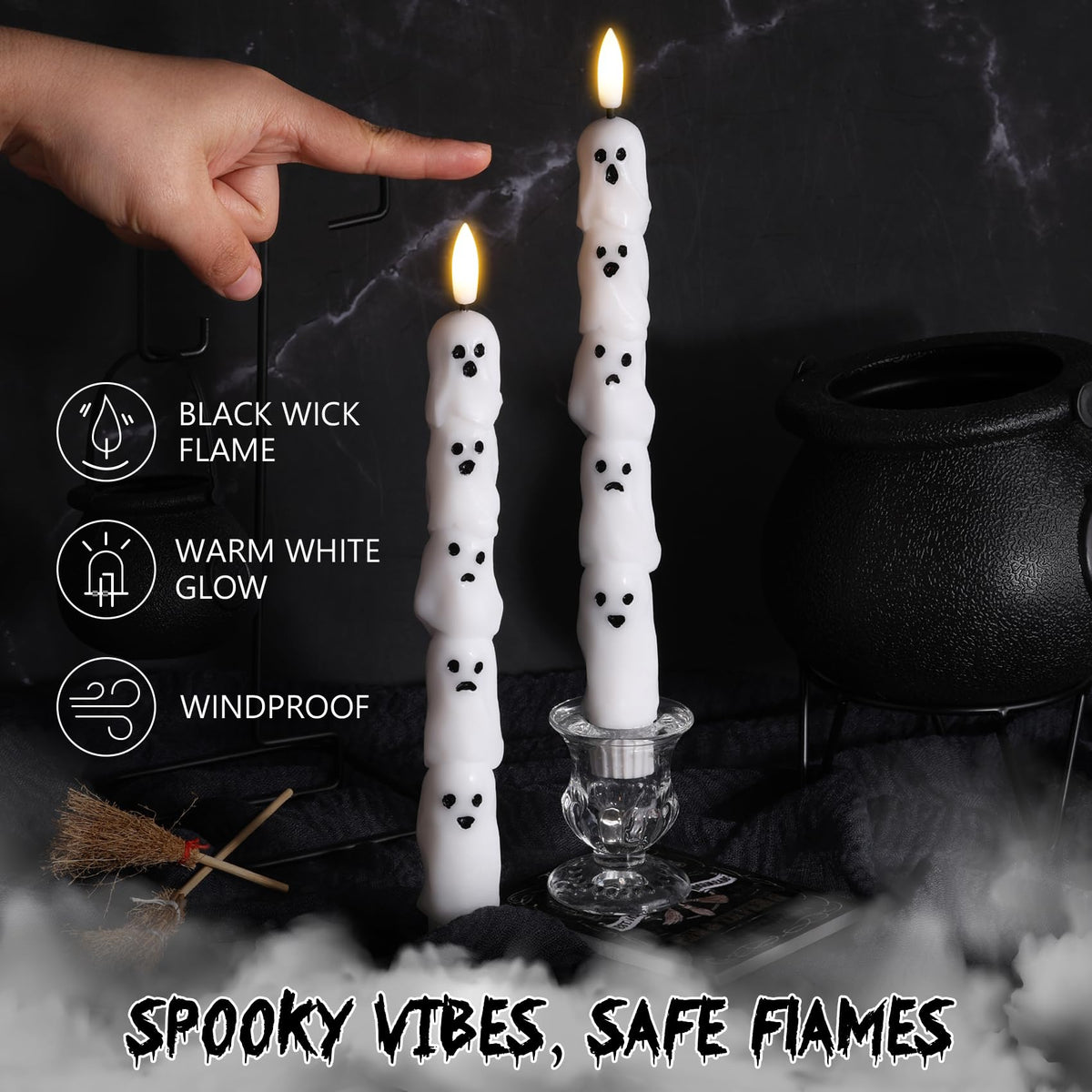 Eywamage White Ghost Flameless Taper Candles with Remote, Flickering Real Wax Battery LED Candlesticks Set of 4