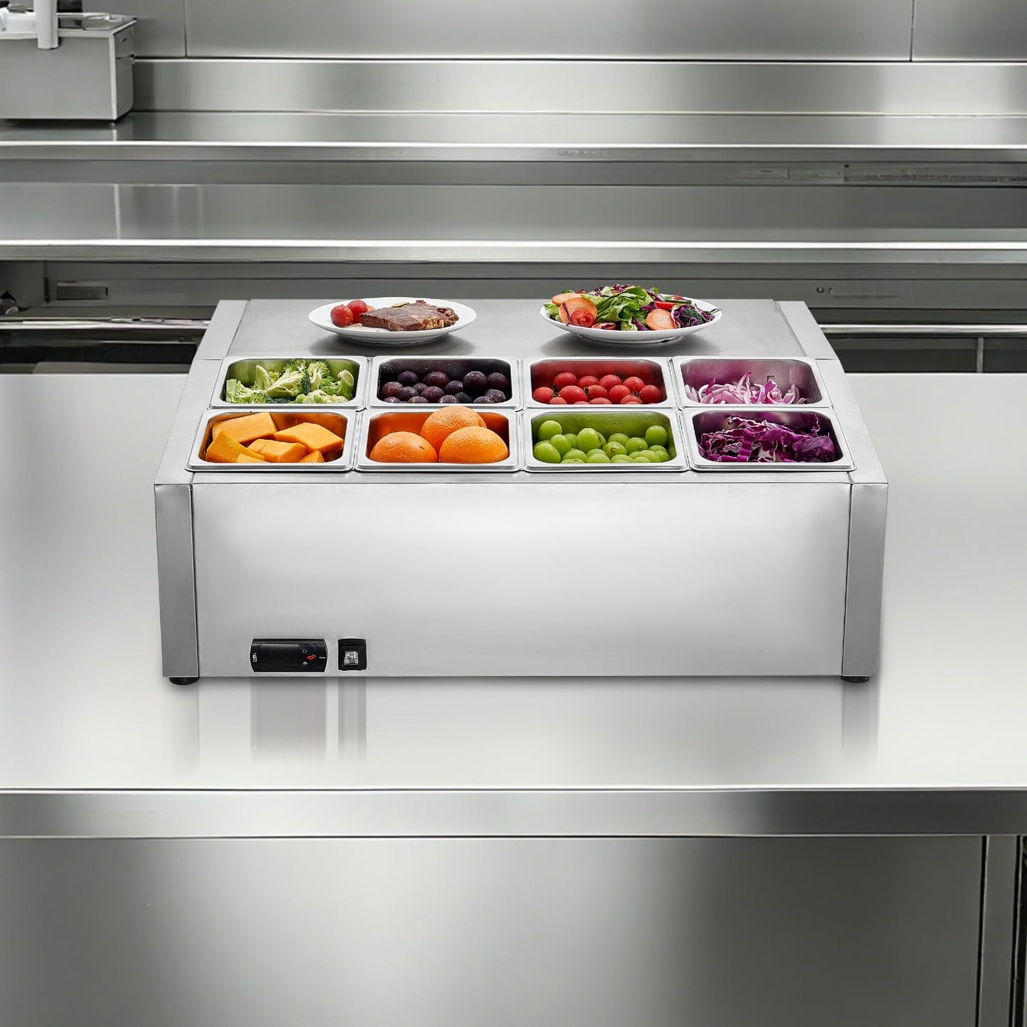 VEVOR Refrigerated Condiment Prep Station, 150 W Countertop Refrigerated Condiment Station, with Eight 1/6 Pans, 304 Stainless Body and PC Lid, Sandwich Prep Table, for Restaurant & Food Stall