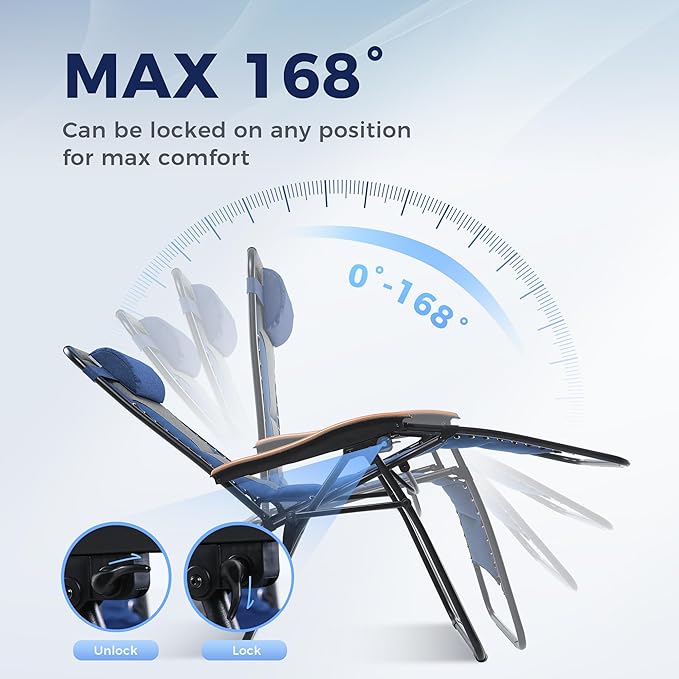 MAISON ARTS Oversized XXL Zero Gravity Chair, 30" Wide Seat Padded Foldable Recliner, Anti Gravity Outdoor Lawn Chair for Poolside/Backyard/Beach, Supports 400lbs, Blue & Grey