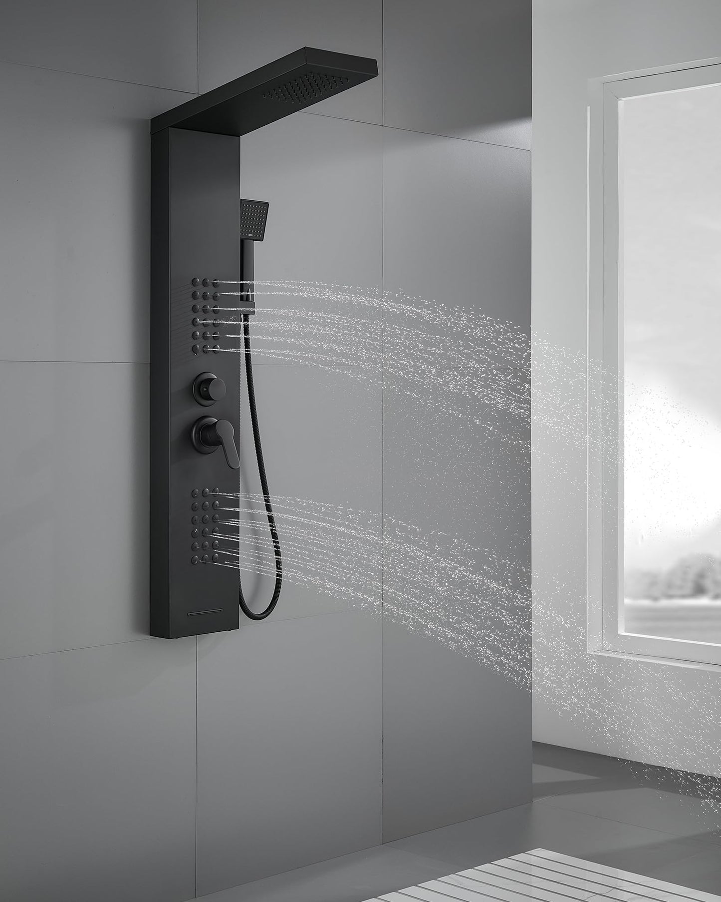 ROVATE Shower Panel Tower System with Rainfall Shower Head, Elegant Matte Black Shower Tower with Powerful Body Jets, Handheld Shower and Tub Spout, Stainless Steel Shower Column Black High Pressure