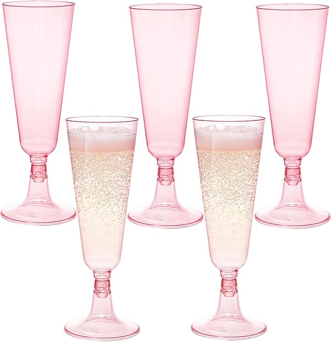 Hedume 70 Pack Pink Champagne Flutes, 5oz Disposable Plastic Wine Glasses, 2-Piece Disposable Champagne Glasses for Celebr...