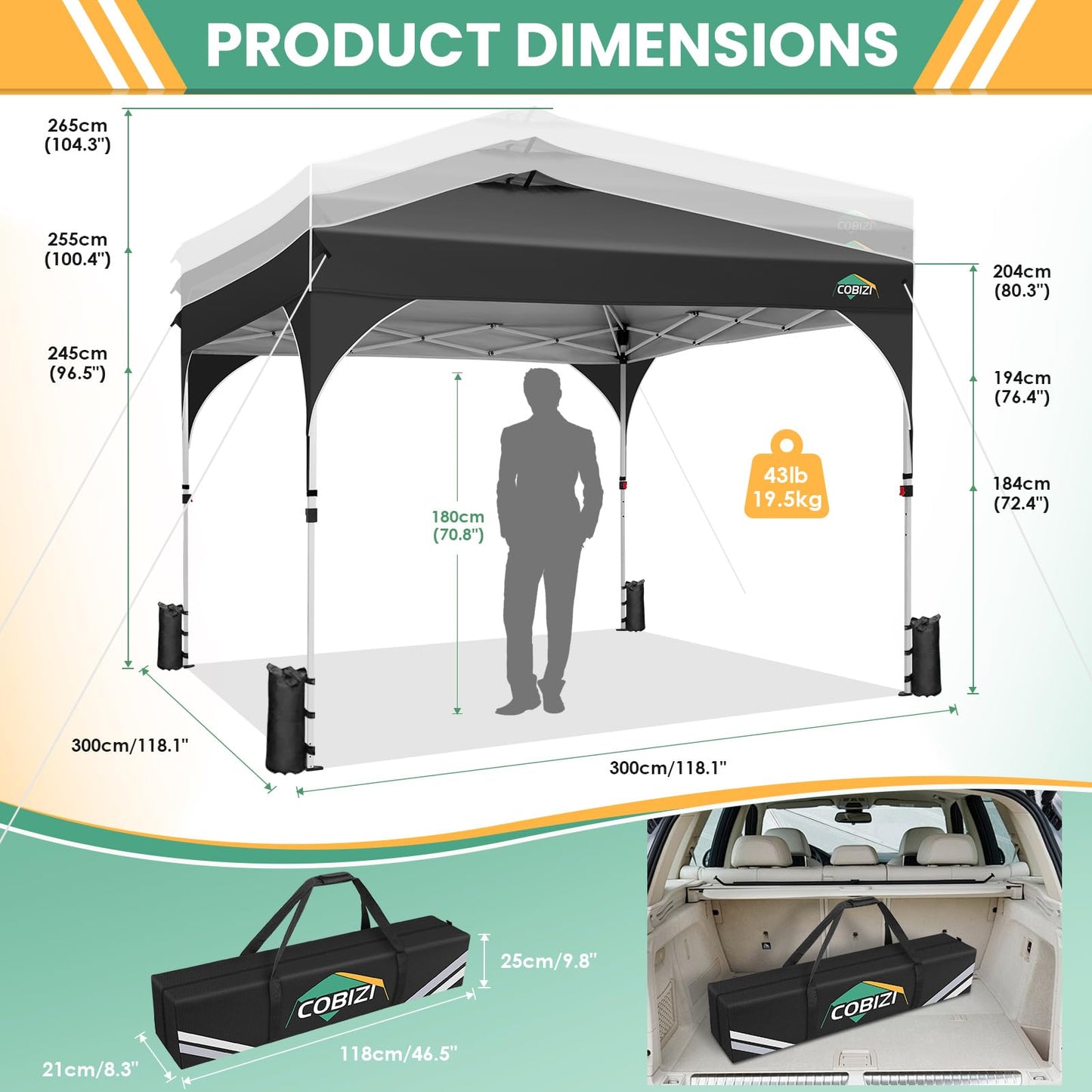 COBIZI 10x10 Pop up Canopy, Canopy Tent 10x10 with 3 Sidewalls, 1 Person Easy Set up，Tents for Parties, Outdoor Tent with Fluorescent Strip & 4 Sandbags, Waterproof, 3 Adjustable Height（Black）