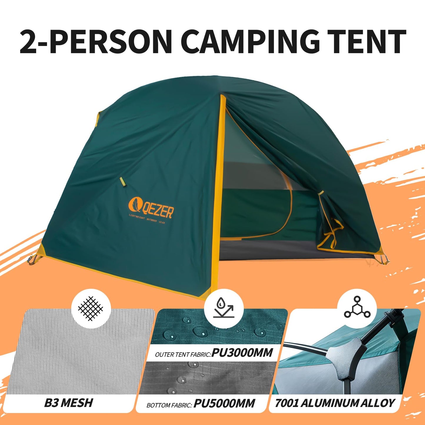 QEZER Camping Tent 1/2 Person Tents Windproof Portable Adults Tents for Camping Hiking Backpacking Traveling Easy Set up (Green, 2 Person)