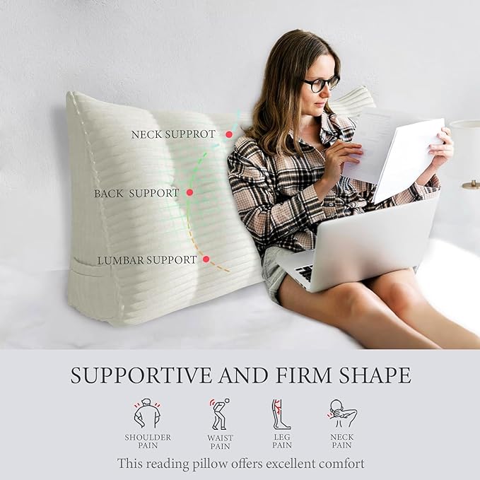 Wedge Headboard Pillow Dorm Room Reading Pillow Back Support for Sitting Up in Bed Bolster Lumbar Cushion Body Positioning Bedrest Corduroy (White, Full (54 * 8 * 20in))