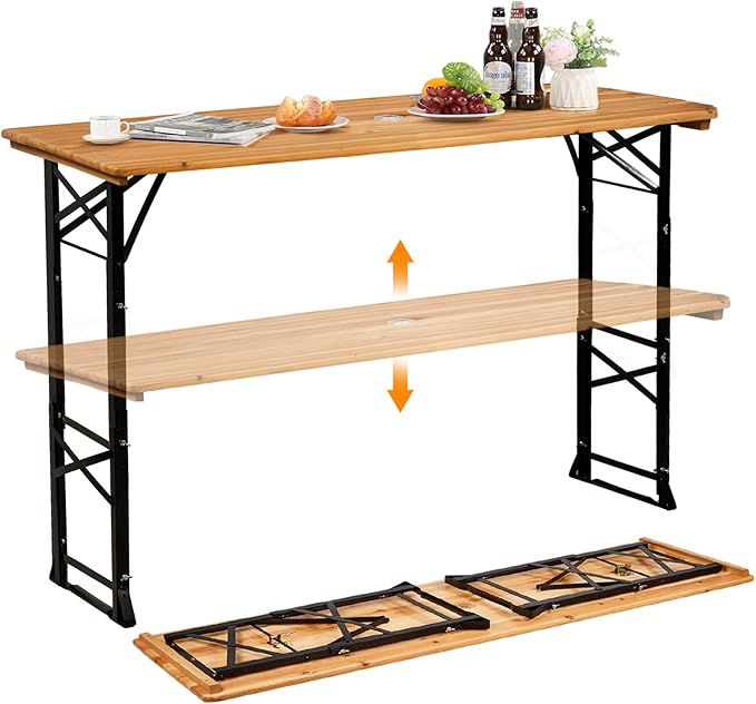 VINGLI 67 Inch Wooden Folding Picnic Table, Picnic Beer Table with Umbrella Hole, Adjustable Heights (29.5" Sitting & 41....
