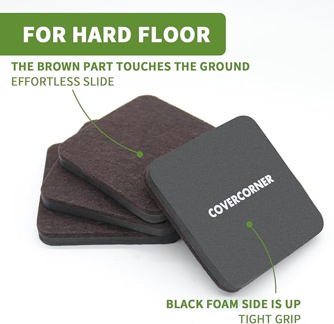 COVERCORNER Felt Furniture Sliders for Hardwood Floors 8 PCS - 3 1/2 Inch Square Moving Slider - Heavy Duty Felt Movers Chair Legs Protectors - Brown