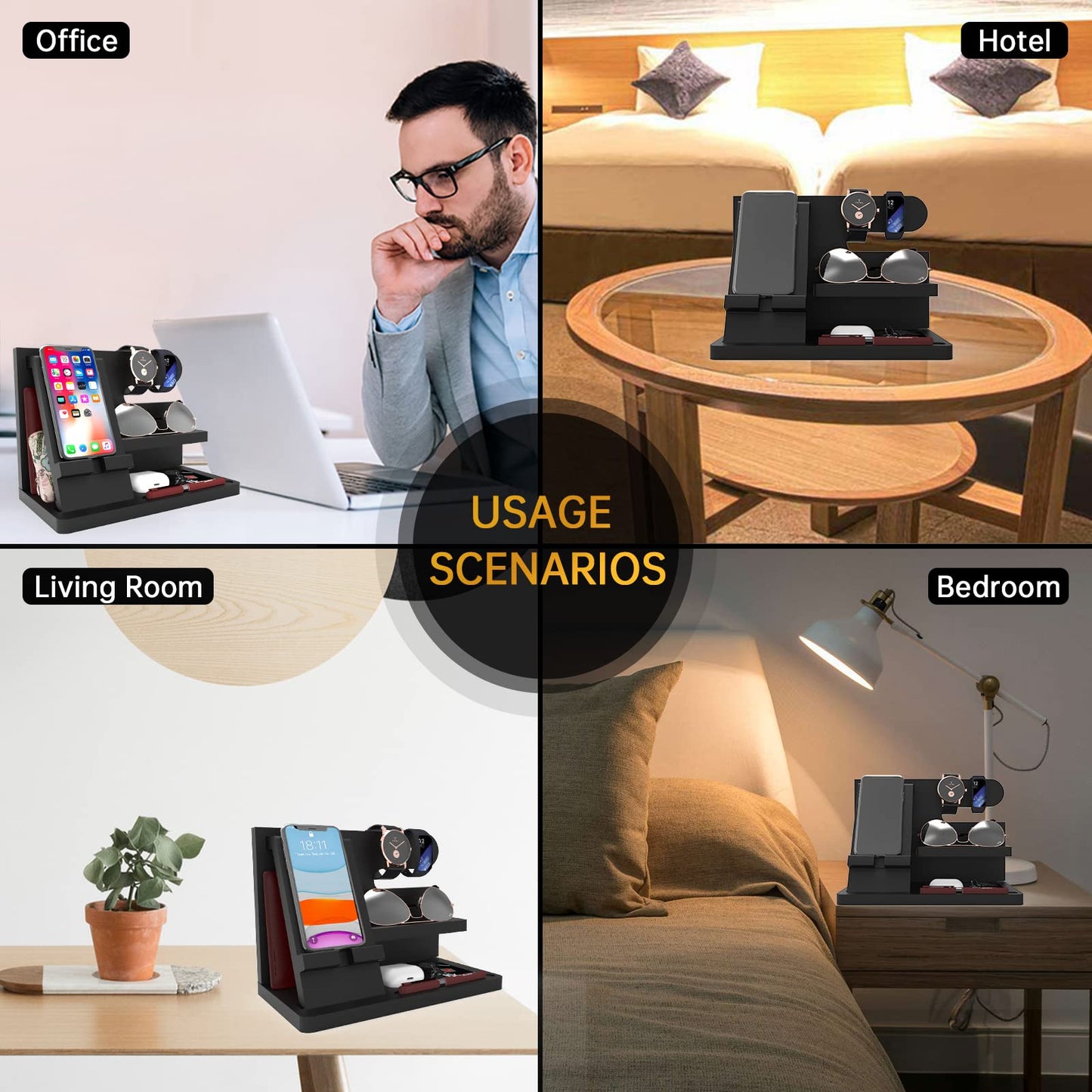 Iswabard Gifts for Men Desk Organizer Wooden Phone Docking Station Key Wallet Holder Watch Organizer Men Birthday Gifts for Dad Birthday Gift Nightstand Organizer