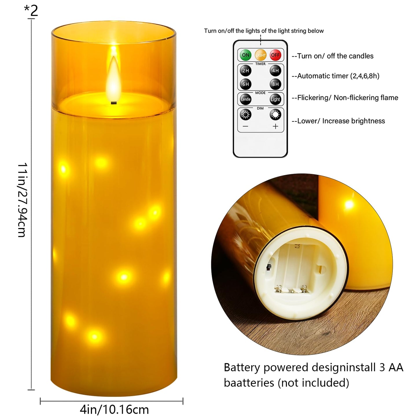 kakoya 11" x 4" Large Outdoor Waterproof Flameless LED Candles with Remote and Timer,Acrylic Pillar Candles Battery Operated with Embedded Star String for Porch,Patio,Outdoor Decor,Set of 2(Gold)