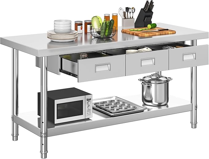 YITAHOME 60" X 24" NSF Stainless Steel Table with 3 Drawers, Work Table with Drawer, Metal Table Prep Table for Commercial Home Kitchen Restaurant Garage Warehouse