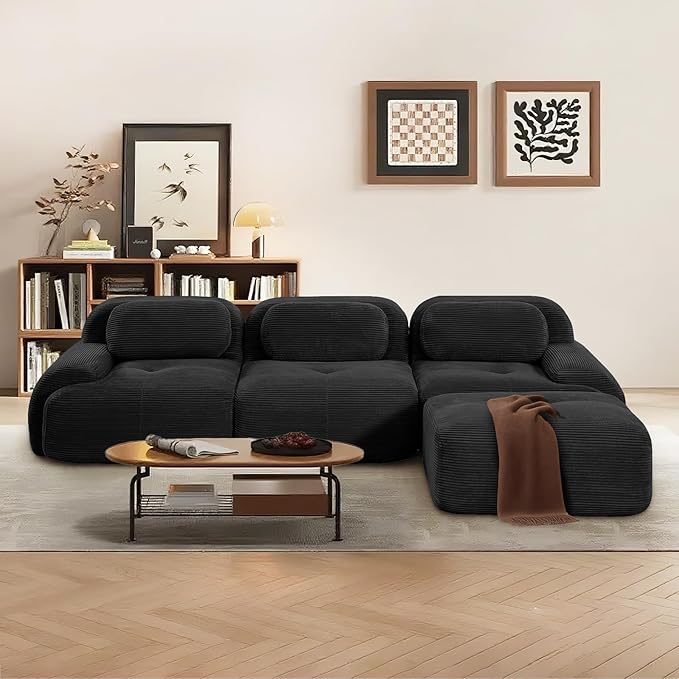 SoarFlash 117" Modern L-Shaped Modular Sectional Sofa for Living Room, Corduroy Upholstery Oversized 3-Seater Couch with Deep Seat and Movable Ottoman-No Assembly, Black