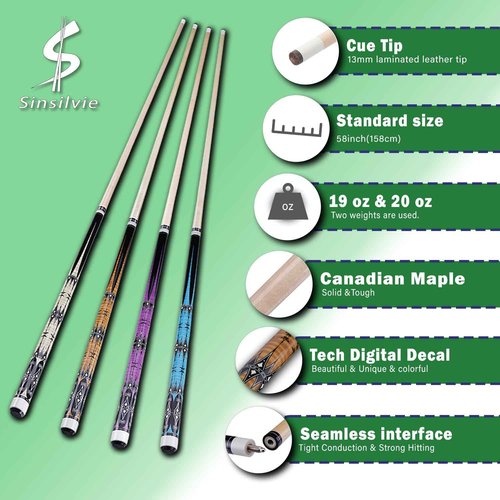 Sinsilvie 13mm 58 Inch 19 20 oz Billiard Pool Cue Stick, 1/2 Maple Billiard Pool Stick, House Bar Pool Table Sticks for Men (Set of 4)