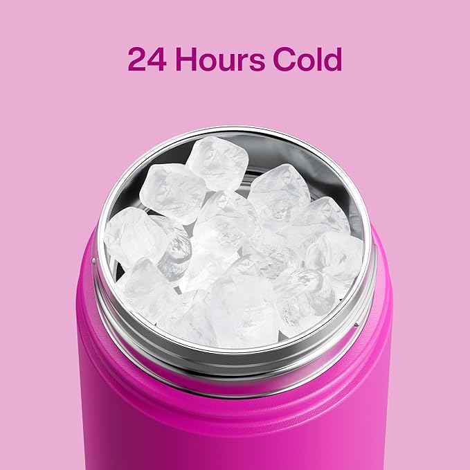 ENCOOL Kids Insulated Water Bottle with Straw - 12oz Stainless Steel Water Bottle with Dual Spouts, Leak-Proof, BPA-Free, Double Wall Vacuum Keeps Cold for 24 Hours for Sports, Travel (Knockout Pink)