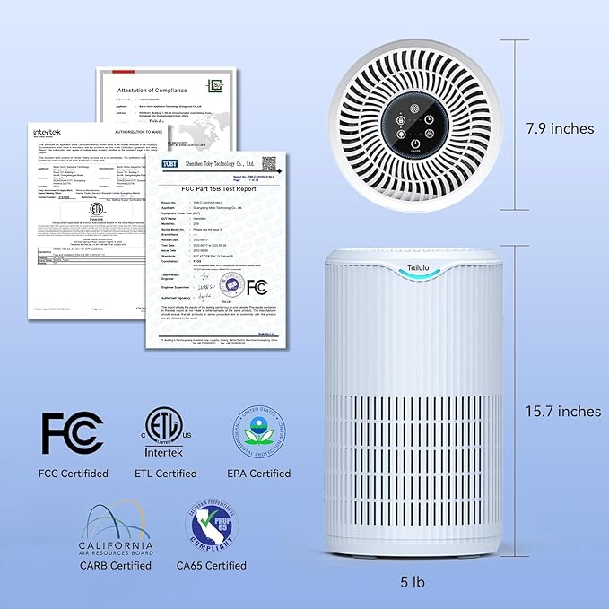 Air Purifiers for Home Large Room Up to 1500 Ft², Tailulu H13 HEPA Air Filter Cleaner, 360° Air Intake & Outlet,Smoke Dust Pollen,15dB Sleep Mode Air Purifiers for Bedroom Living Room, Kitchen, Office