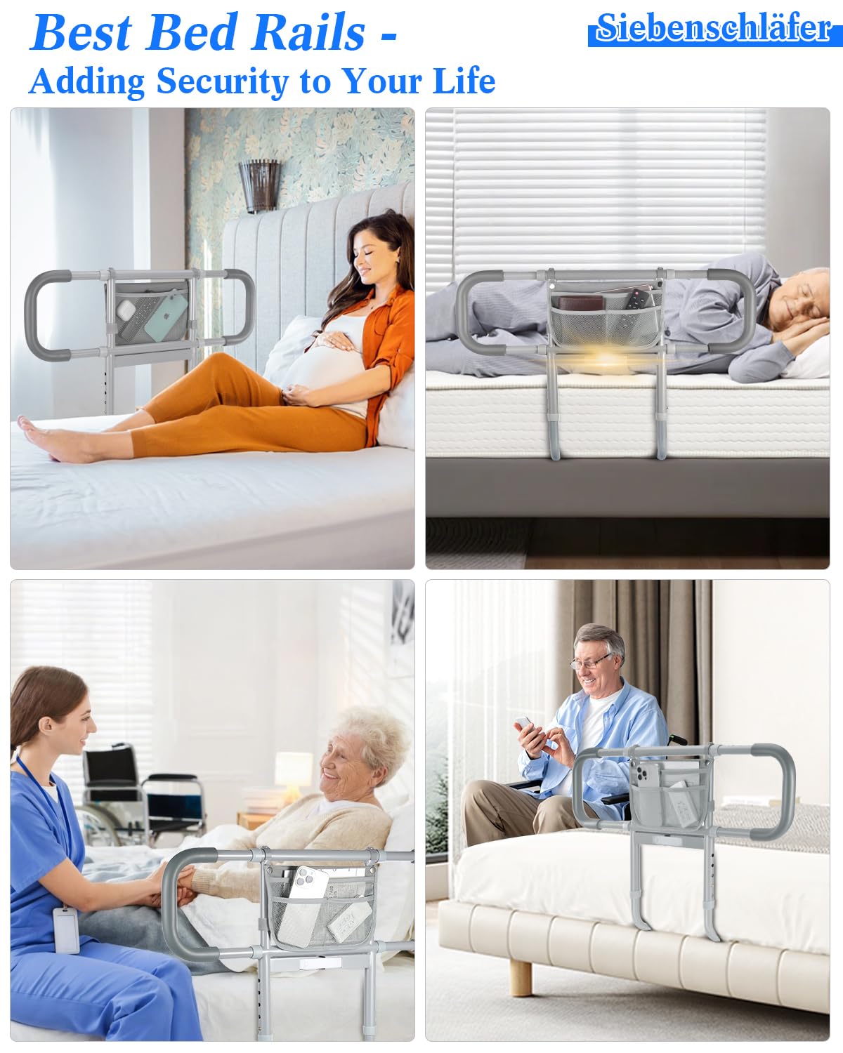 Bed Rails for Elderly Adults Safety, Extended Bed Assist Rail for Seniors with Motion Sensor Light - Adjustable Side Bed Guard Rails Handle Support Bar with Storage Bag, Fit King Queen Full Twin Bed