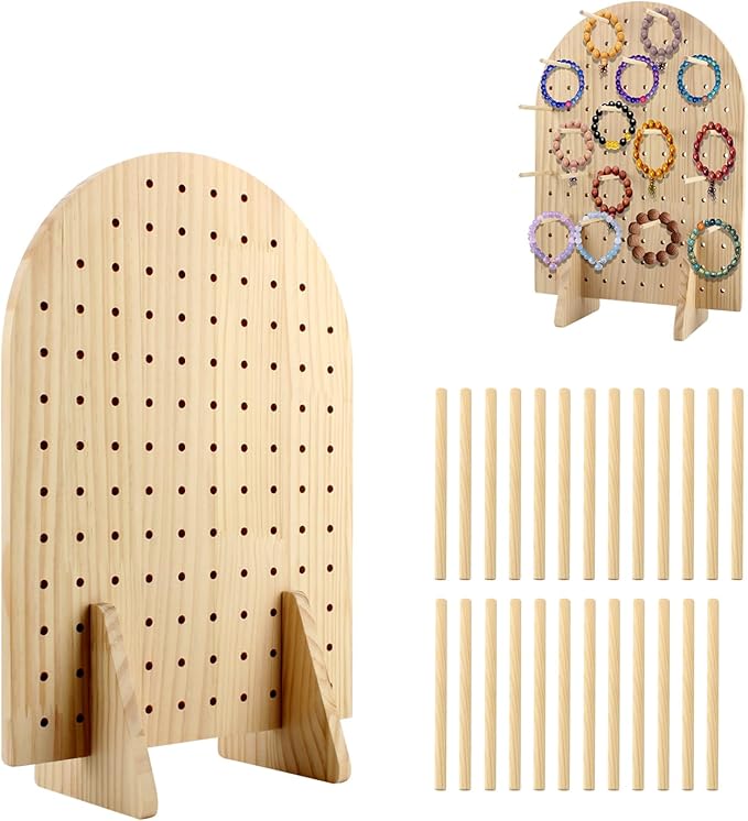 Wooden Pegboard Display Stand with 25 Pcs Dowel Rods, Pegboard Accessories Rack, Keychain Jewelry Display Stand for Vendor...