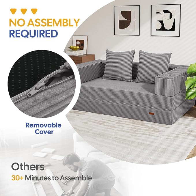 COMAX Futon Sofa Bed, 4‑in‑1 Convertible Sofa Bed, Folding Boneless Couches for Living Room, Fold Out Small Foldable Loveseat Floor Sleeper Comfy Mattress Lounge Space‑Saving, Light Grey