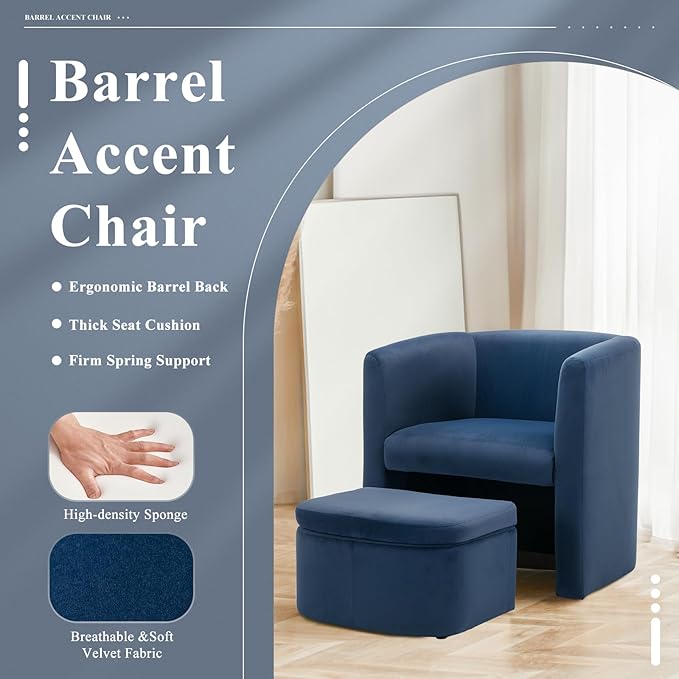 COLAMY Morden Velvet Living Room Side Chair with Storage Ottoman, Single Sofa Armchair with Lounge Seat, Upholstered Barrel Accent Chair for Bedroom/Office/Reading Spaces, Blue