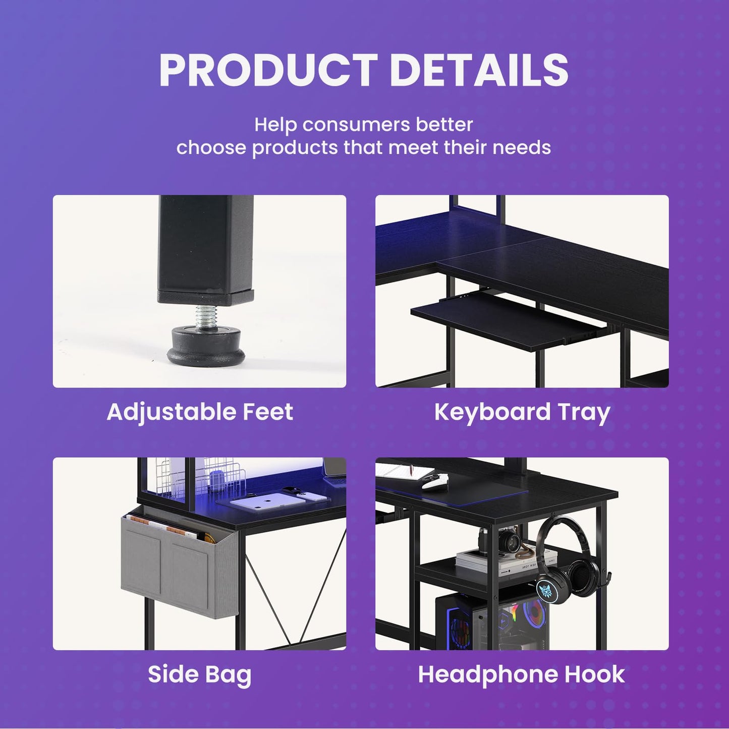 DUMOS 67" L Shaped Gaming Desk, Corner Desk for Compact Spaces with Keyboard Tray & Storage Shelf,Reversible Computer Desk with LED Lighting,Metal Frame PC Gaming Table for Home Office Bedroom, Black