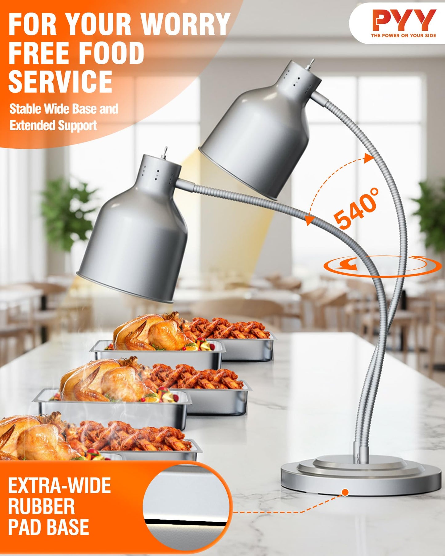 Food Heat Lamp - [3 Bulbs Included] 500W Fast-Heating 2-Head Food Warmer Light, ETL-Certified Heat Lamp for Food, Stainless Steel Heavy Base for Restaurant, Catering, Buffet (Silver)
